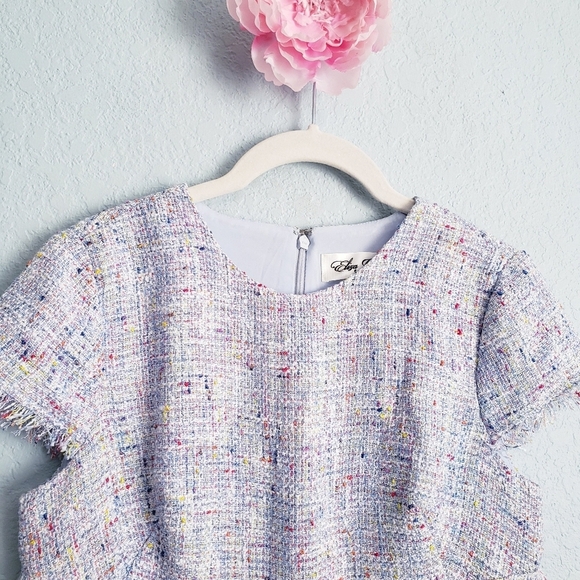 Eliza J Blue Tweed Fringe Cap Sleeve Dress - Picture 4 of 11